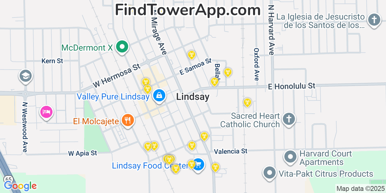 Map showing the 20 primary cell tower locations detected in Lindsay, California from AT&T, Verizon, and T-Mobile networks