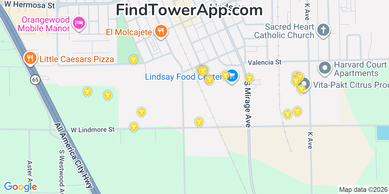 Map showing the 20 primary cell tower locations detected in Lindsay, California from AT&T, Verizon, and T-Mobile networks