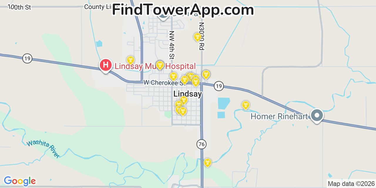 Map showing the 20 primary cell tower locations detected in Lindsay, Oklahoma from AT&T, Verizon, and T-Mobile networks