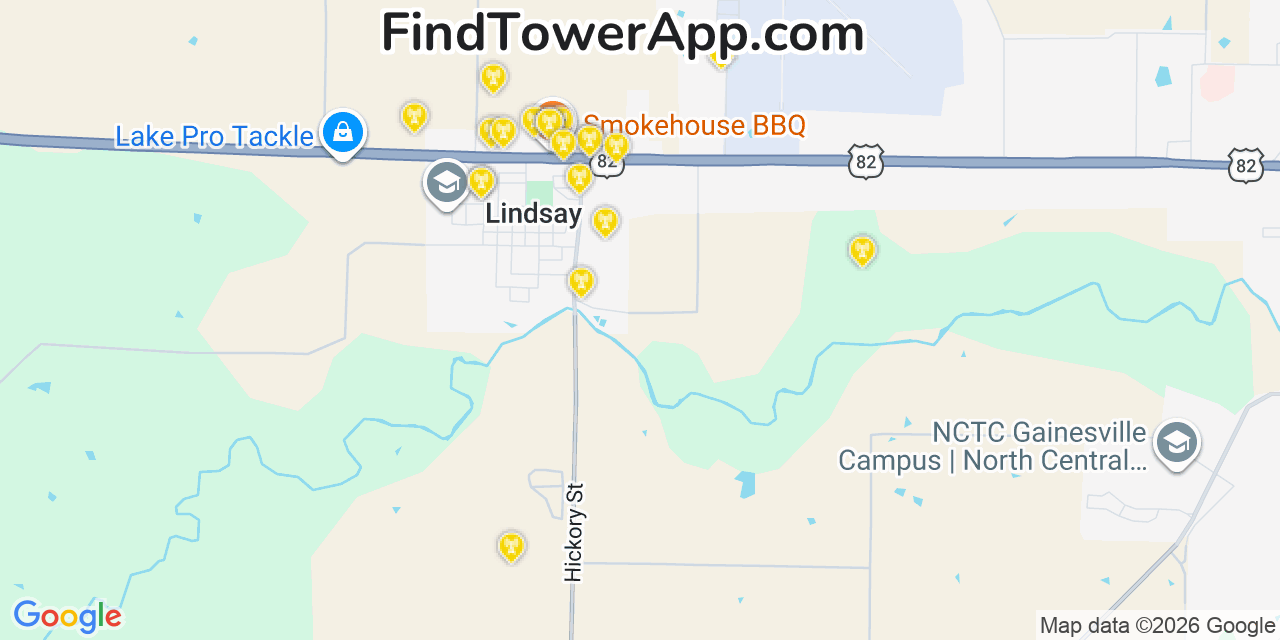 Map showing the 20 primary cell tower locations detected in Lindsay, Texas from AT&T, Verizon, and T-Mobile networks