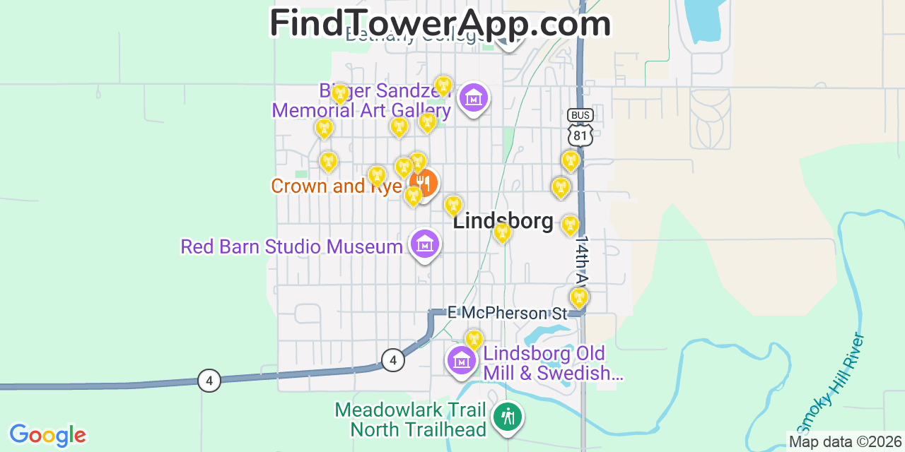 Map showing the 20 primary cell tower locations detected in Lindsborg, Kansas from AT&T, Verizon, and T-Mobile networks