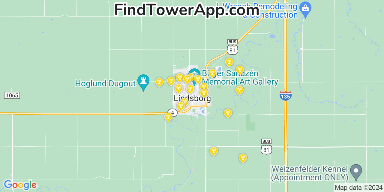 Verizon 4G/5G cell tower coverage map Lindsborg, Kansas