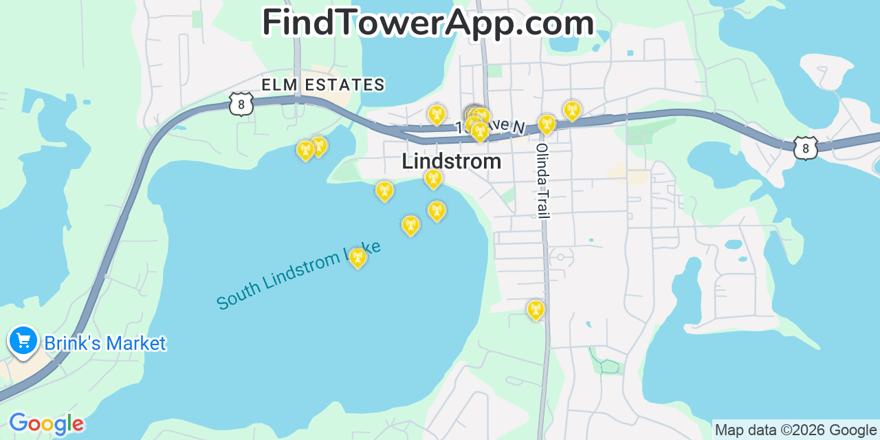 Map showing the 20 primary cell tower locations detected in Lindstrom, Minnesota from AT&T, Verizon, and T-Mobile networks