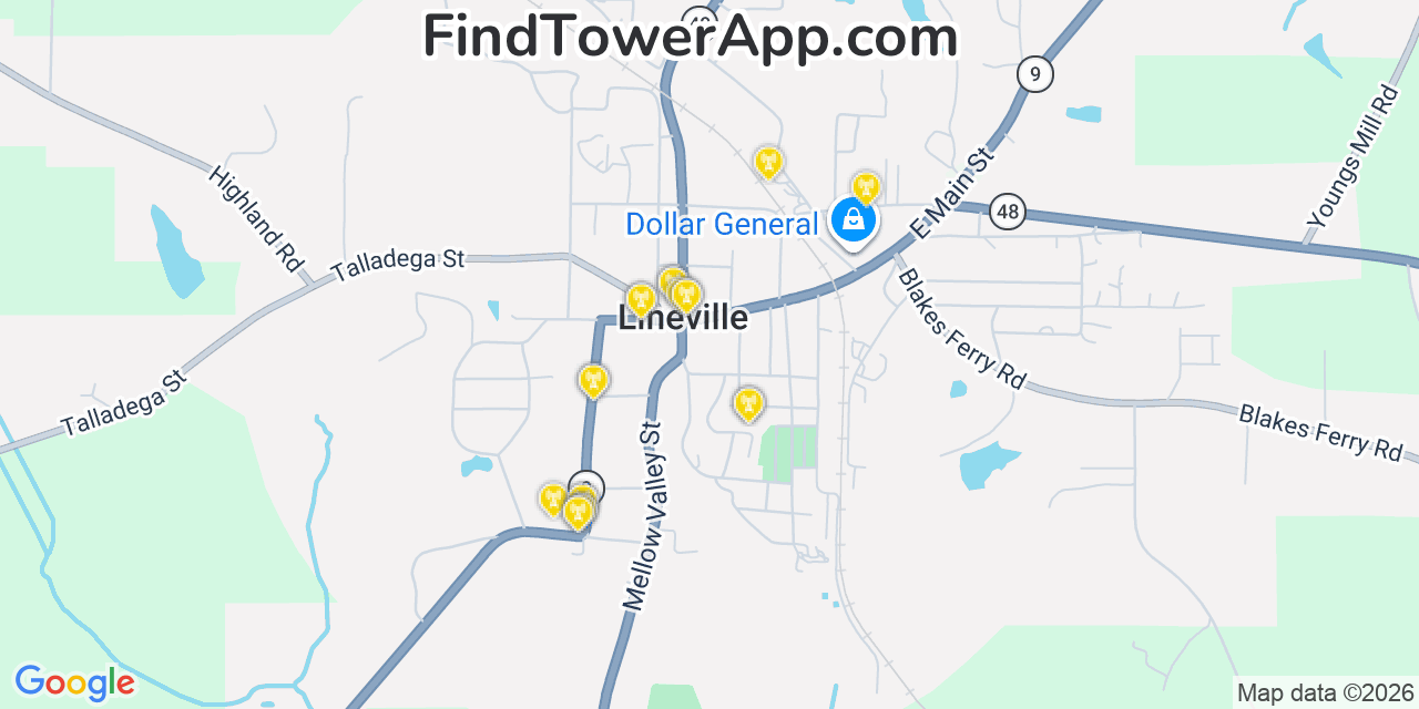 Map showing the 20 primary cell tower locations detected in Lineville, Alabama from AT&T, Verizon, and T-Mobile networks