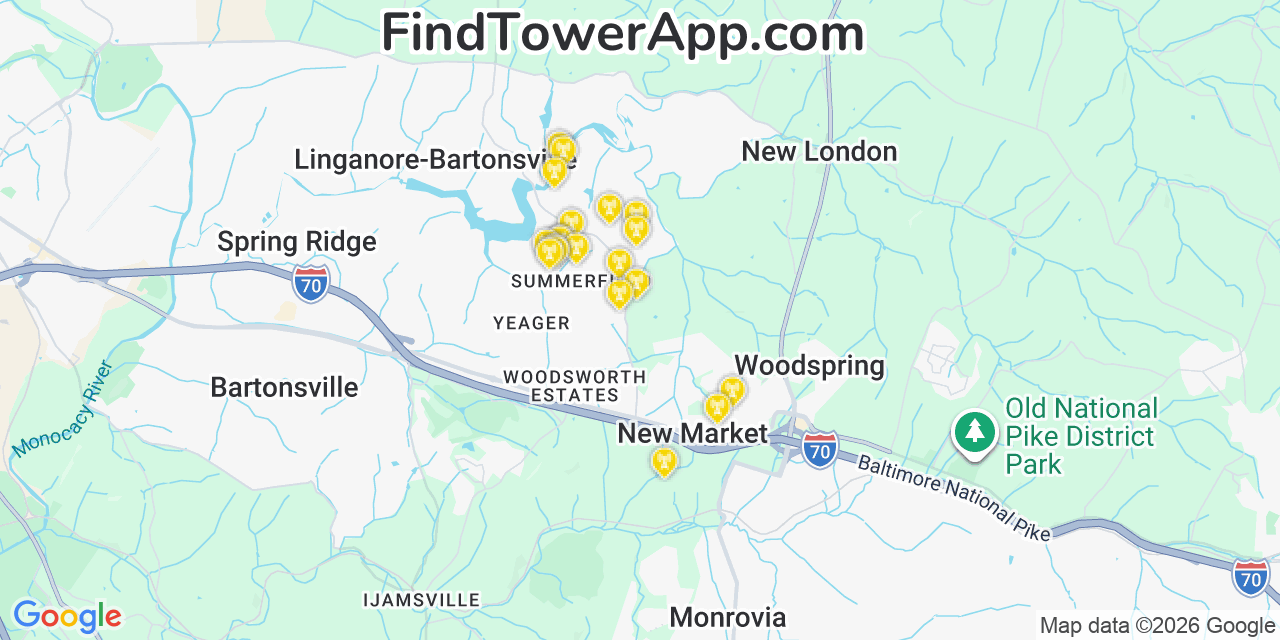 Map showing the 20 primary cell tower locations detected in Linganore, Maryland from AT&T, Verizon, and T-Mobile networks