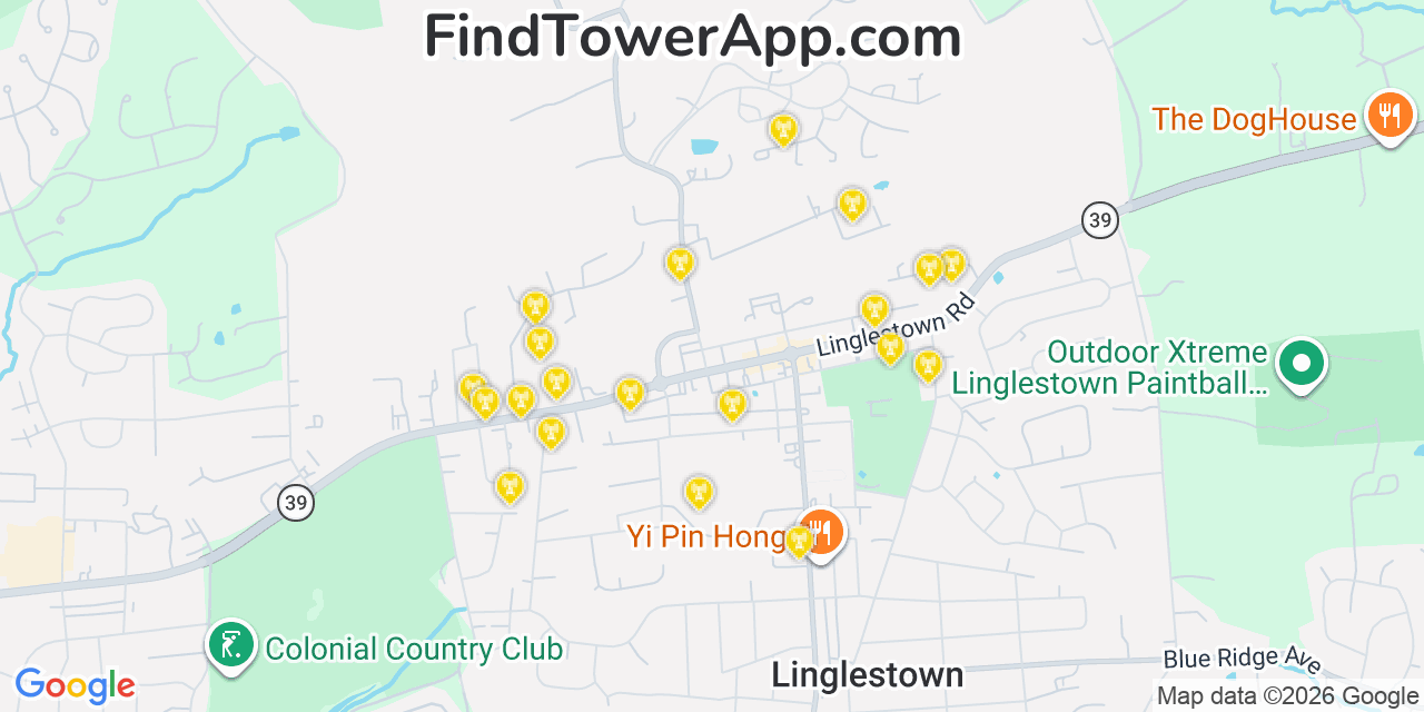Map showing the 20 primary cell tower locations detected in Linglestown, Pennsylvania from AT&T, Verizon, and T-Mobile networks