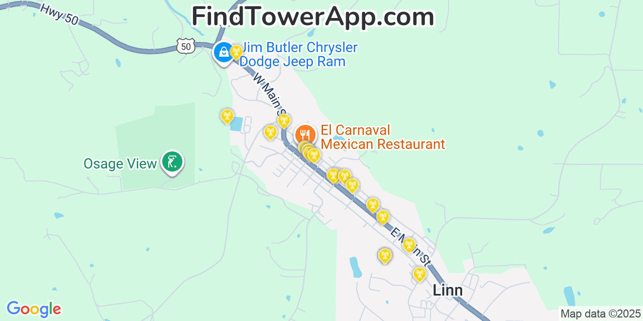 Map showing the 20 primary cell tower locations detected in Linn, Missouri from AT&T, Verizon, and T-Mobile networks