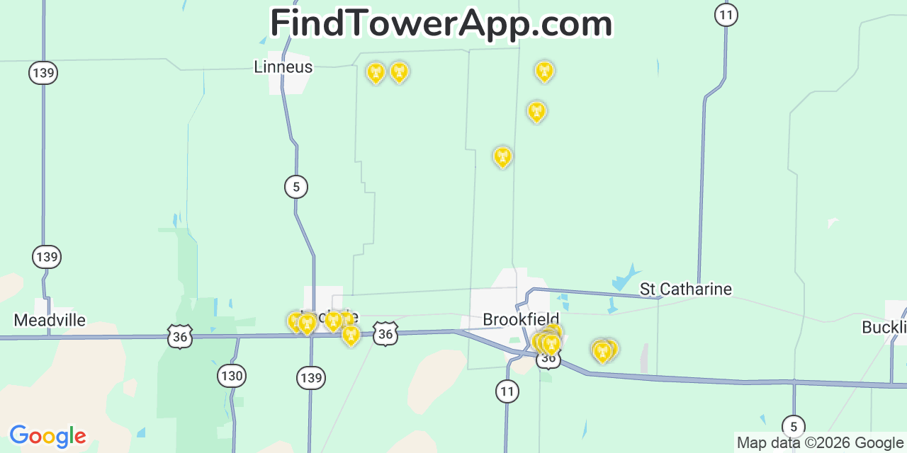 Map showing the 20 primary cell tower locations detected in Linn, Missouri from AT&T, Verizon, and T-Mobile networks