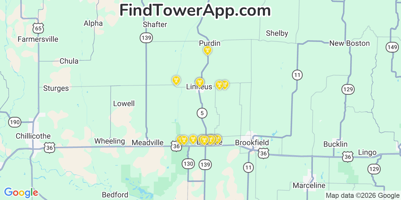 Map showing the 20 primary cell tower locations detected in Linneus, Missouri from AT&T, Verizon, and T-Mobile networks