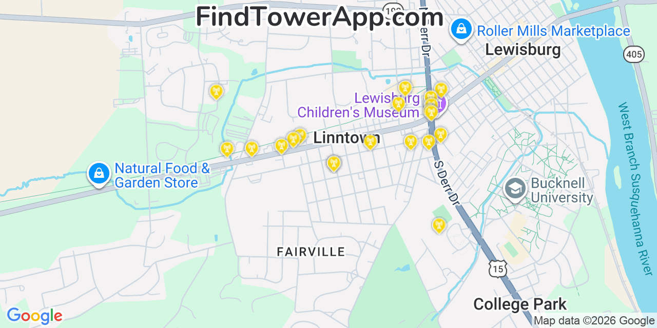 Map showing the 20 primary cell tower locations detected in Linntown, Pennsylvania from AT&T, Verizon, and T-Mobile networks