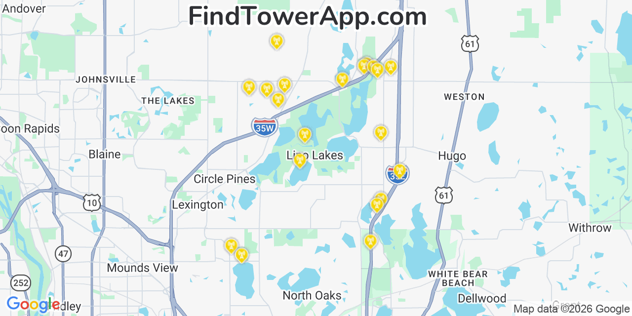 Map showing the 20 primary cell tower locations detected in Lino Lakes, Minnesota from AT&T, Verizon, and T-Mobile networks