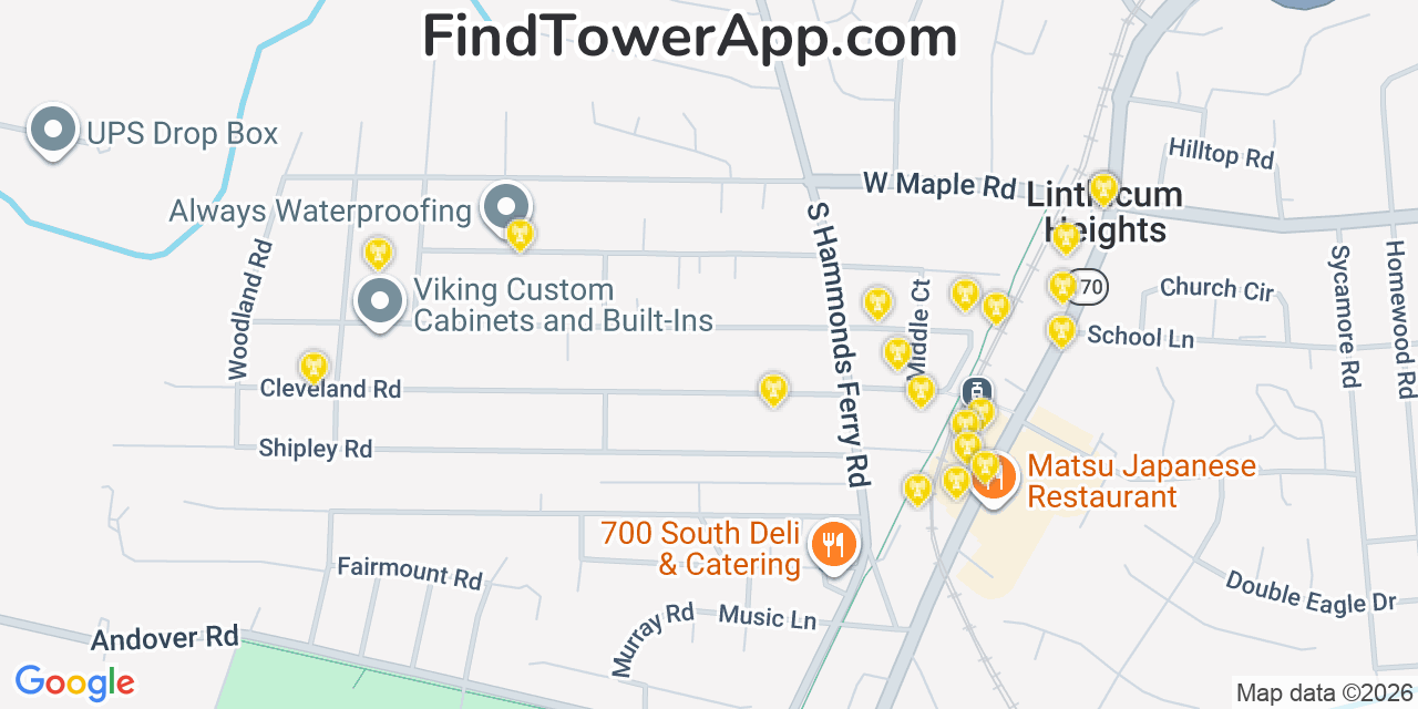 Map showing the 20 primary cell tower locations detected in Linthicum, Maryland from AT&T, Verizon, and T-Mobile networks