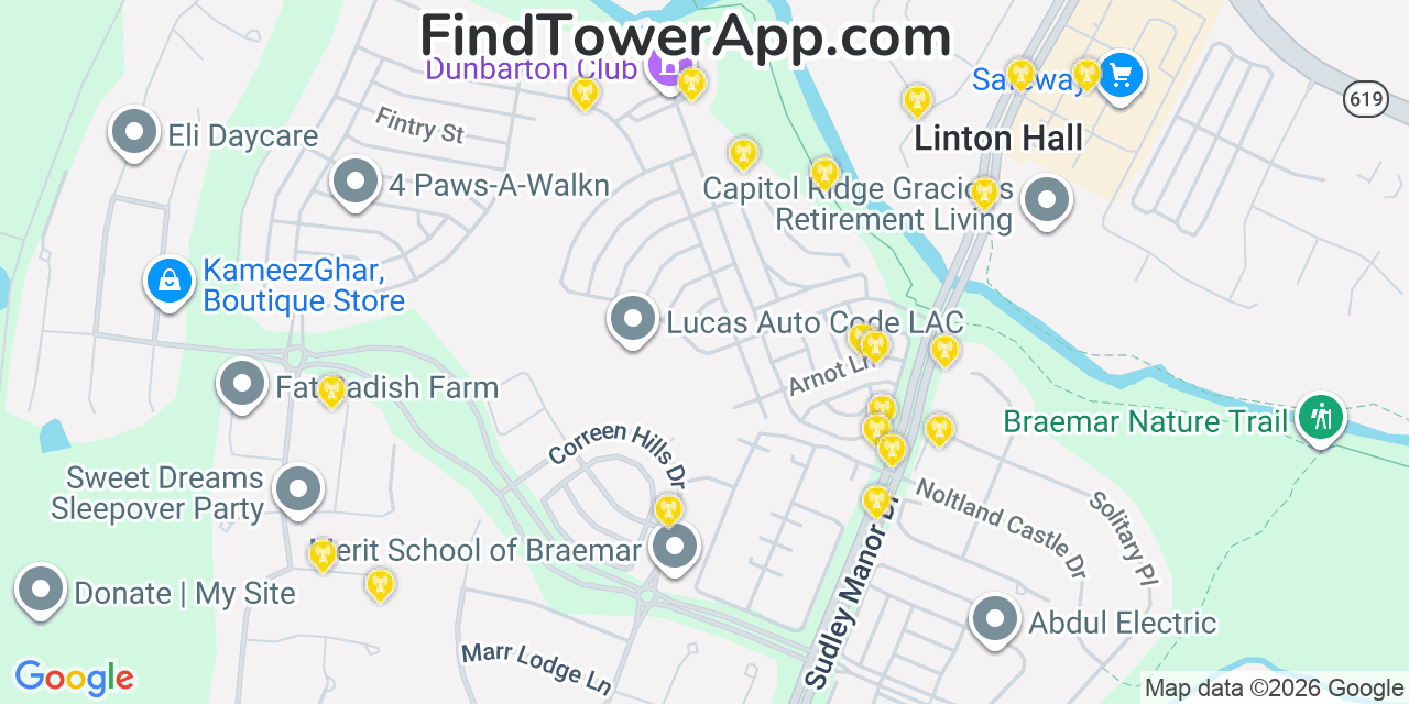 Map showing the 20 primary cell tower locations detected in Linton Hall, Virginia from AT&T, Verizon, and T-Mobile networks