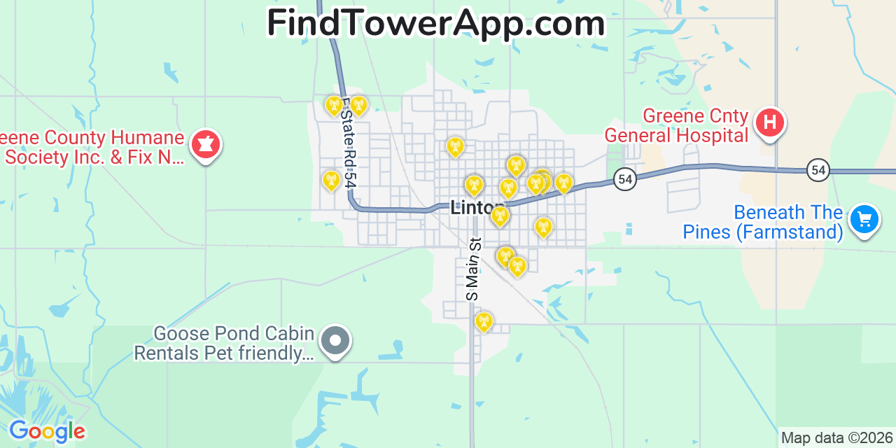 Map showing the 20 primary cell tower locations detected in Linton, Indiana from AT&T, Verizon, and T-Mobile networks