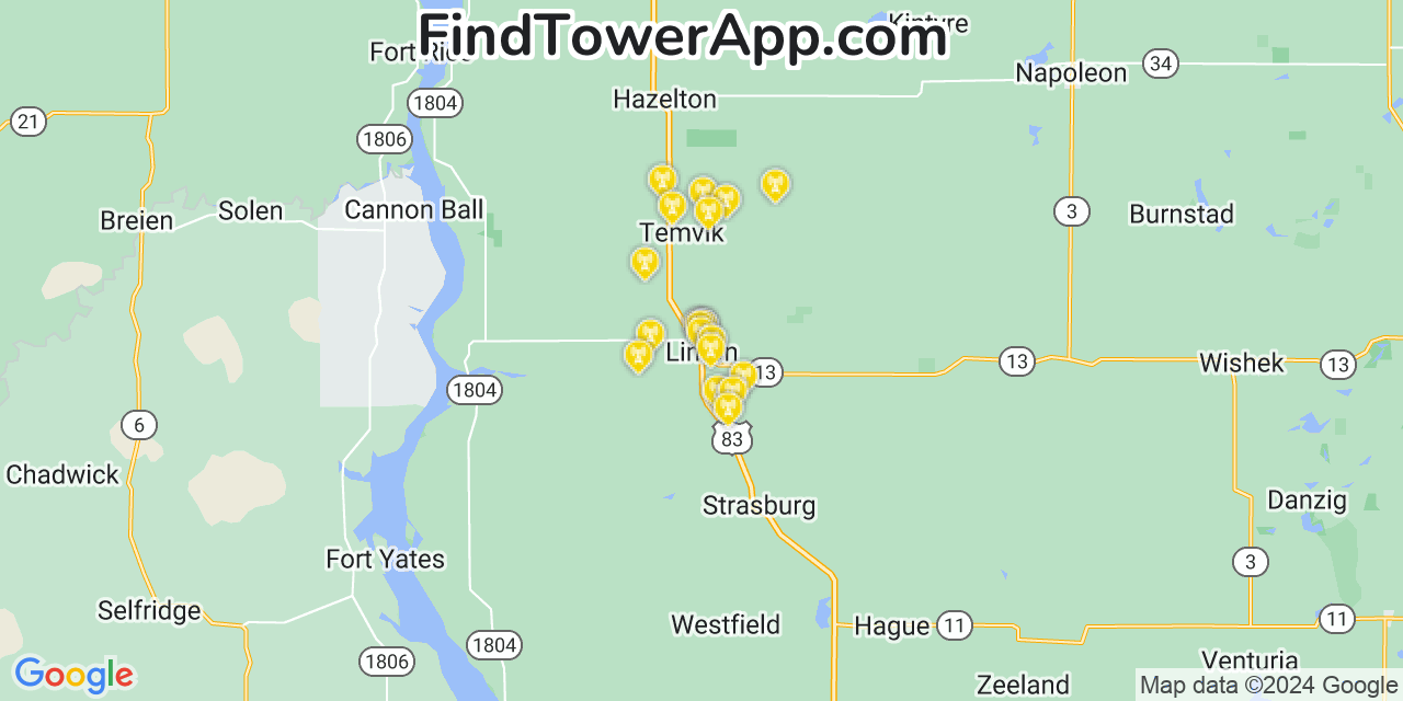 AT&T 4G/5G cell tower coverage map Linton, North Dakota