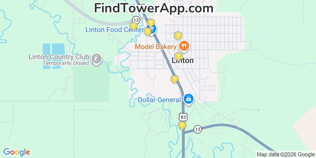 Map showing the 20 primary cell tower locations detected in Linton, North Dakota from AT&T, Verizon, and T-Mobile networks