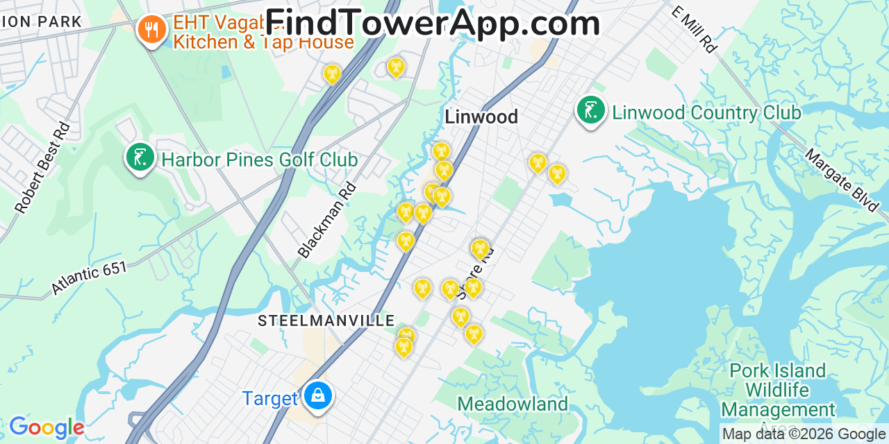 Map showing the 20 primary cell tower locations detected in Linwood, New Jersey from AT&T, Verizon, and T-Mobile networks