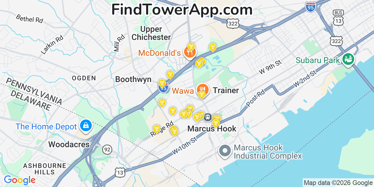 Map showing the 20 primary cell tower locations detected in Linwood, Pennsylvania from AT&T, Verizon, and T-Mobile networks