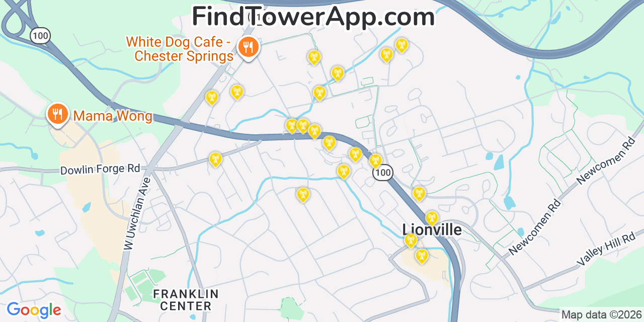 Map showing the 20 primary cell tower locations detected in Lionville, Pennsylvania from AT&T, Verizon, and T-Mobile networks