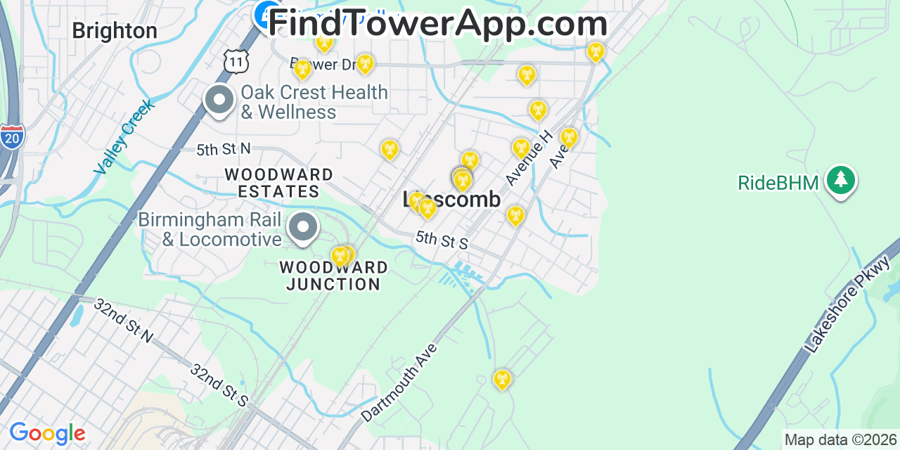 Map showing the 20 primary cell tower locations detected in Lipscomb, Alabama from AT&T, Verizon, and T-Mobile networks