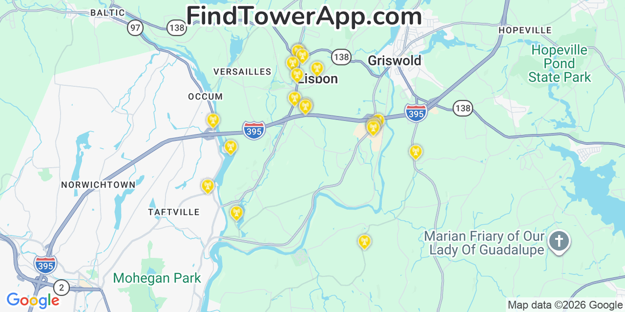 Map showing the 20 primary cell tower locations detected in Lisbon, Connecticut from AT&T, Verizon, and T-Mobile networks