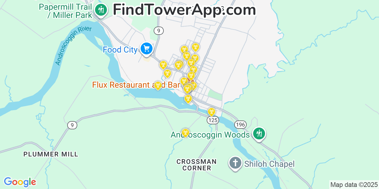 Map showing the 20 primary cell tower locations detected in Lisbon Falls, Maine from AT&T, Verizon, and T-Mobile networks