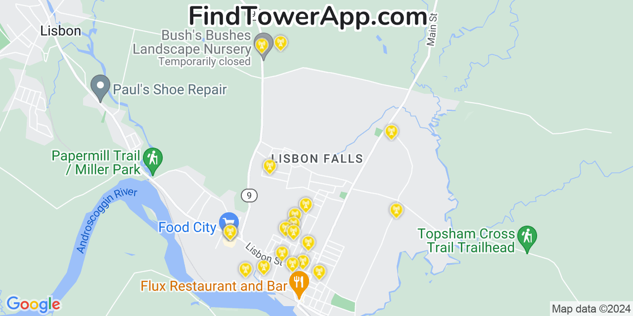 Verizon 4G/5G cell tower coverage map Lisbon Falls, Maine