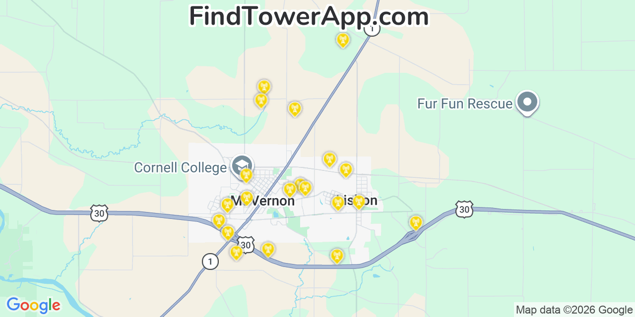 Map showing the 20 primary cell tower locations detected in Lisbon, Iowa from AT&T, Verizon, and T-Mobile networks