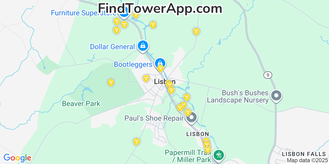 Map showing the 20 primary cell tower locations detected in Lisbon, Maine from AT&T, Verizon, and T-Mobile networks