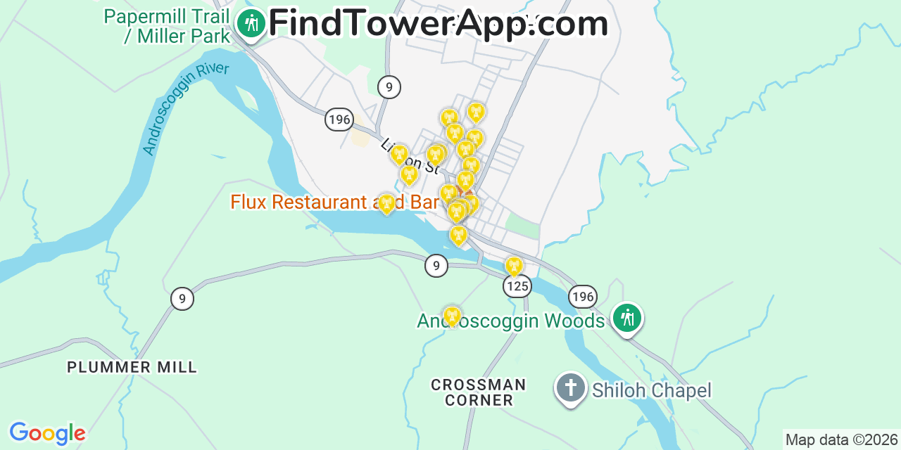 Map showing the 20 primary cell tower locations detected in Lisbon, Maine from AT&T, Verizon, and T-Mobile networks