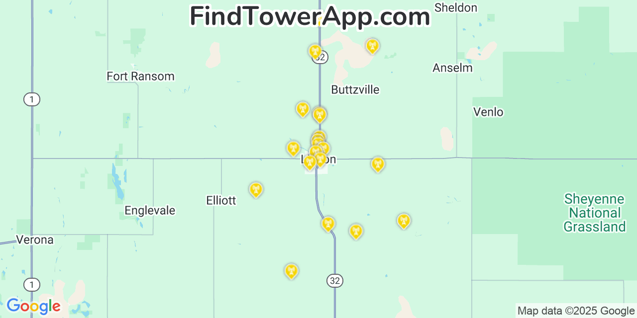 Map showing the 20 primary cell tower locations detected in Lisbon, North Dakota from AT&T, Verizon, and T-Mobile networks