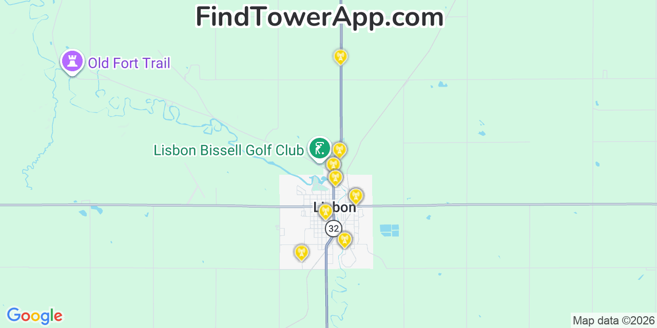 Map showing the 20 primary cell tower locations detected in Lisbon, North Dakota from AT&T, Verizon, and T-Mobile networks