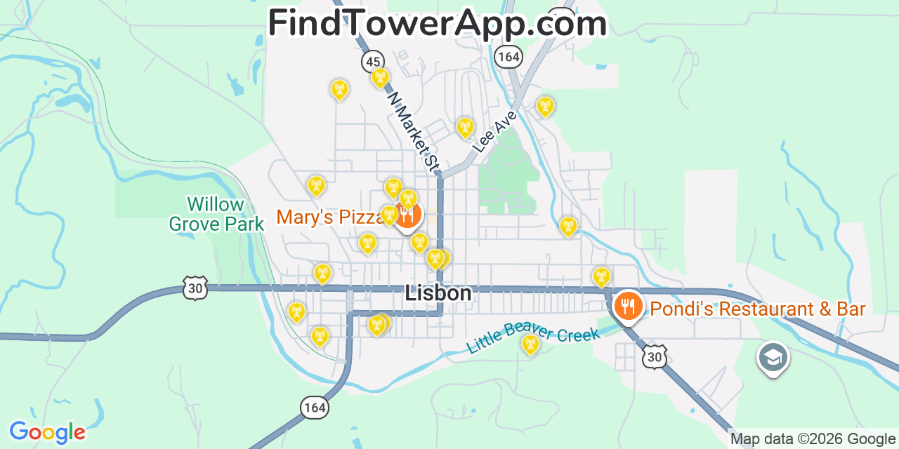 Map showing the 20 primary cell tower locations detected in Lisbon, Ohio from AT&T, Verizon, and T-Mobile networks