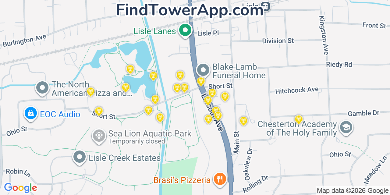 Map showing the 20 primary cell tower locations detected in Lisle, Illinois from AT&T, Verizon, and T-Mobile networks
