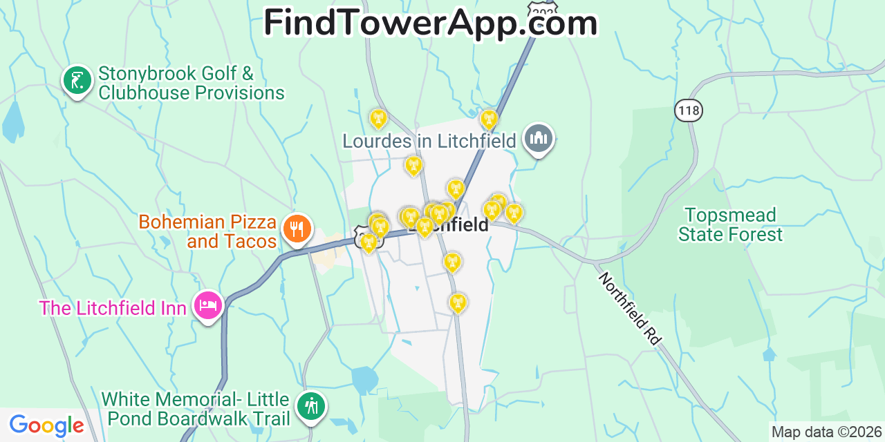 Map showing the 20 primary cell tower locations detected in Litchfield, Connecticut from AT&T, Verizon, and T-Mobile networks