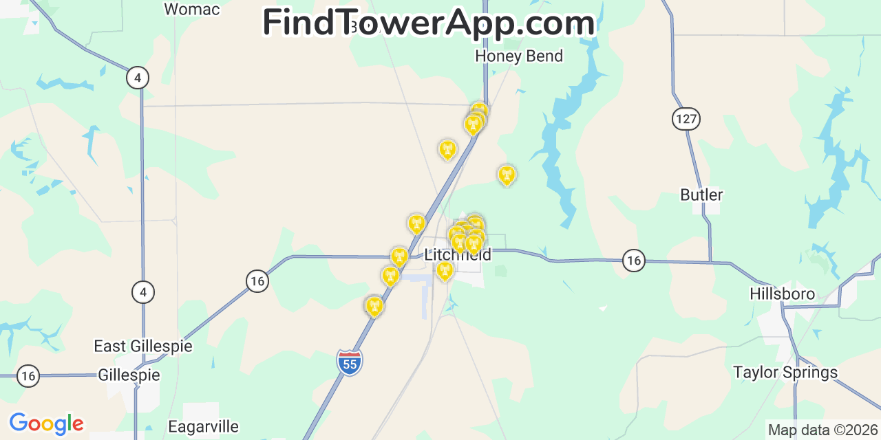 Map showing the 20 primary cell tower locations detected in Litchfield, Illinois from AT&T, Verizon, and T-Mobile networks
