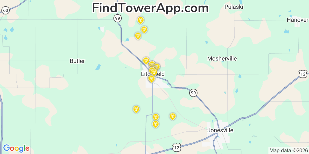 Map showing the 20 primary cell tower locations detected in Litchfield, Michigan from AT&T, Verizon, and T-Mobile networks
