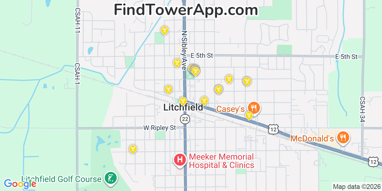 Map showing the 20 primary cell tower locations detected in Litchfield, Minnesota from AT&T, Verizon, and T-Mobile networks