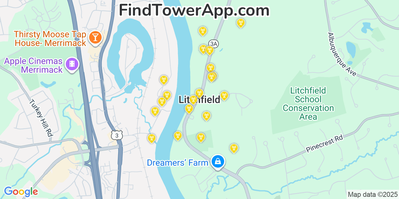 Map showing the 20 primary cell tower locations detected in Litchfield, New Hampshire from AT&T, Verizon, and T-Mobile networks