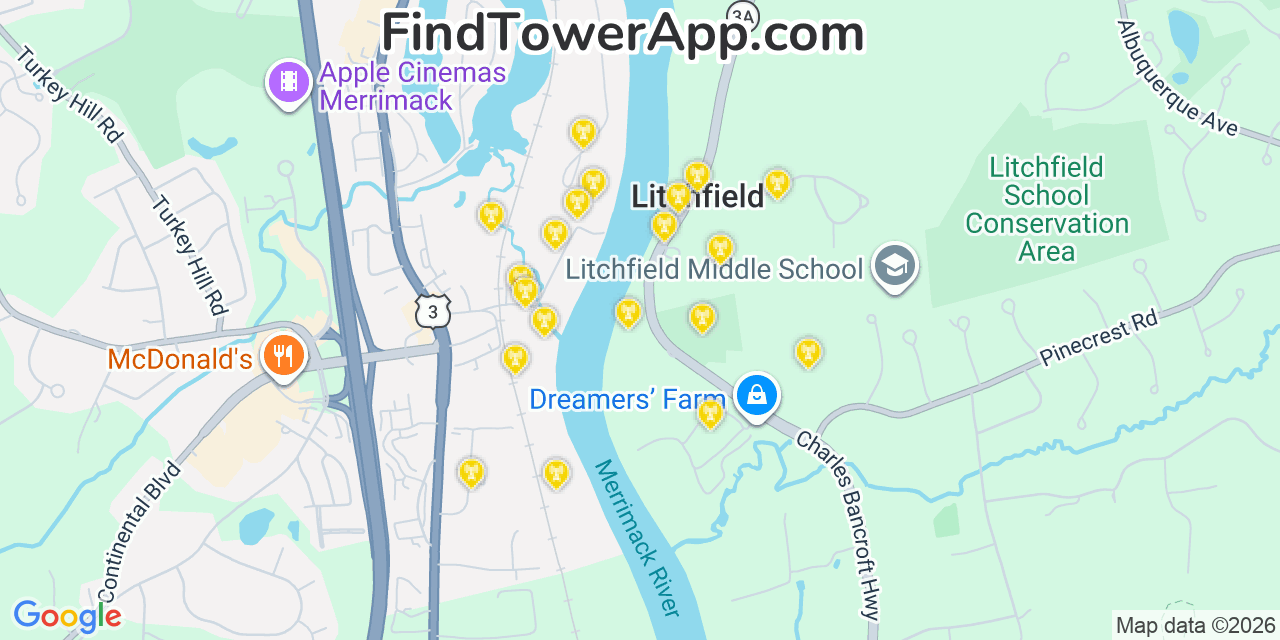 Map showing the 20 primary cell tower locations detected in Litchfield, New Hampshire from AT&T, Verizon, and T-Mobile networks