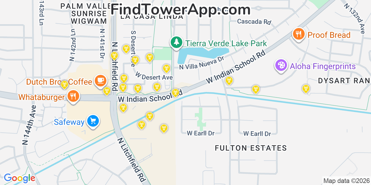 Map showing the 20 primary cell tower locations detected in Litchfield Park, Arizona from AT&T, Verizon, and T-Mobile networks