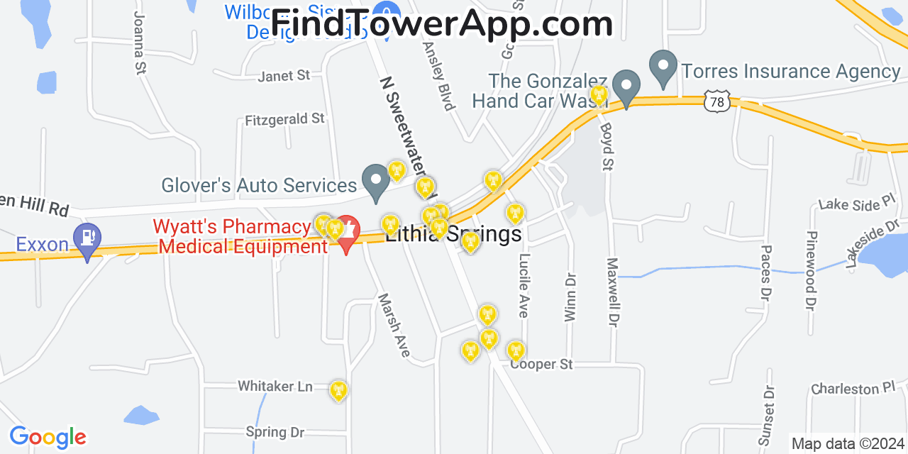 AT&T 4G/5G cell tower coverage map Lithia Springs, Georgia