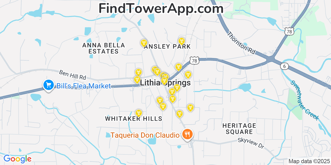 Map showing the 20 primary cell tower locations detected in Lithia Springs, Georgia from AT&T, Verizon, and T-Mobile networks