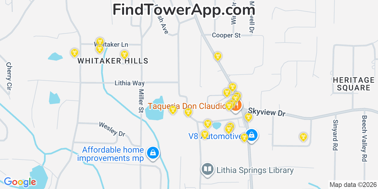Map showing the 20 primary cell tower locations detected in Lithia Springs, Georgia from AT&T, Verizon, and T-Mobile networks