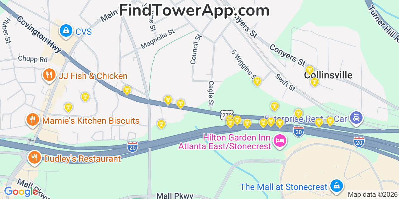 Map showing the 20 primary cell tower locations detected in Lithonia, Georgia from AT&T, Verizon, and T-Mobile networks