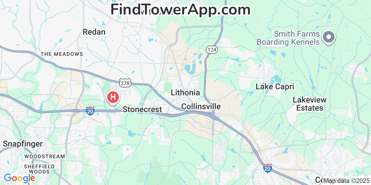 Map showing the 20 primary Mobitel cell tower locations detected in Lithonia, Georgia with coverage radius and signal strength indicators