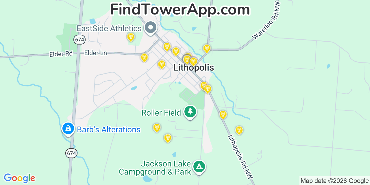 Map showing the 20 primary cell tower locations detected in Lithopolis, Ohio from AT&T, Verizon, and T-Mobile networks