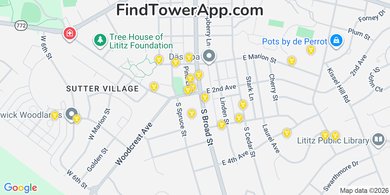 Map showing the 20 primary cell tower locations detected in Lititz, Pennsylvania from AT&T, Verizon, and T-Mobile networks