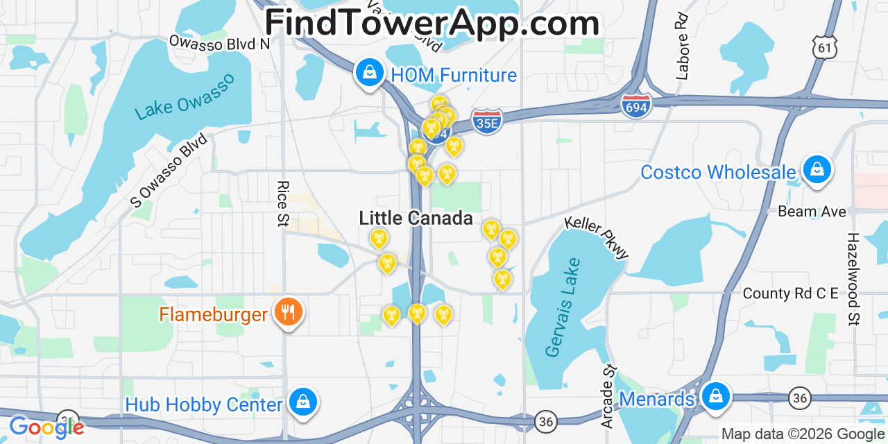 Map showing the 20 primary cell tower locations detected in Little Canada, Minnesota from AT&T, Verizon, and T-Mobile networks