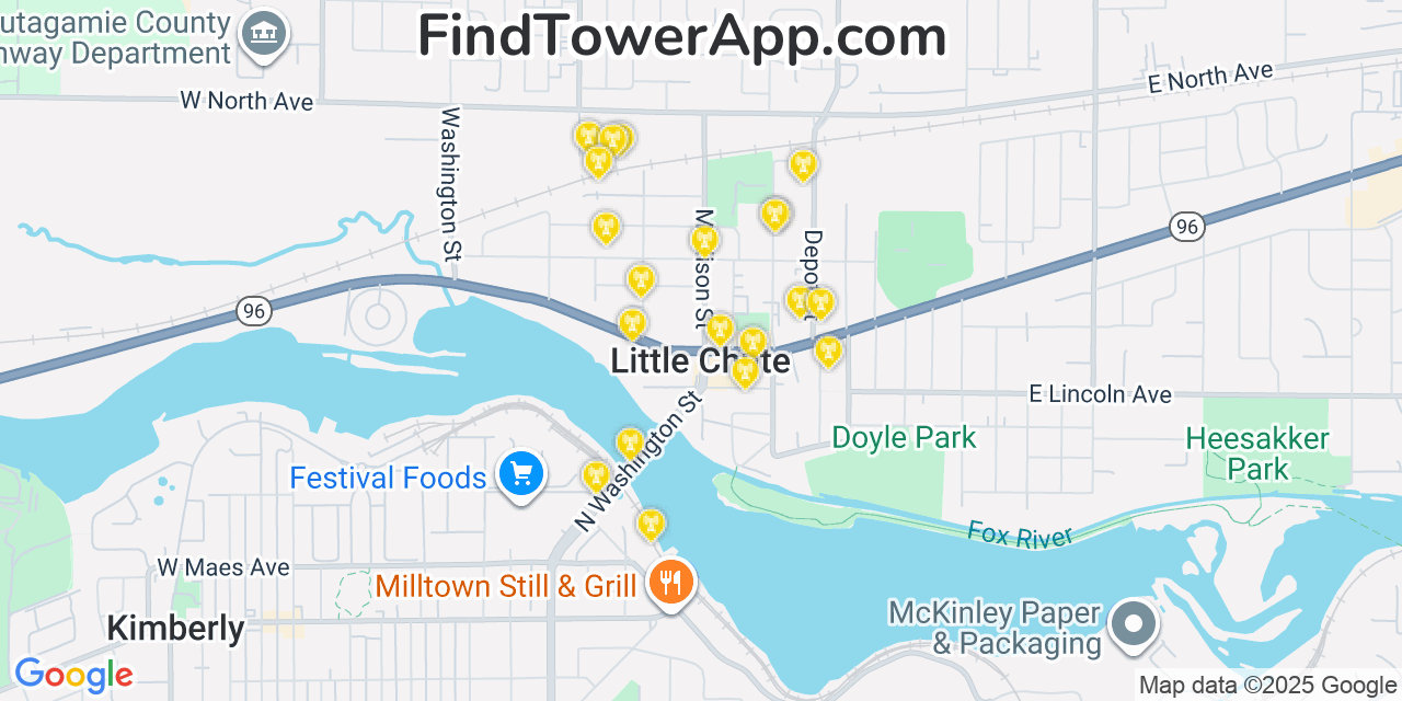 Map showing the 20 primary cell tower locations detected in Little Chute, Wisconsin from AT&T, Verizon, and T-Mobile networks